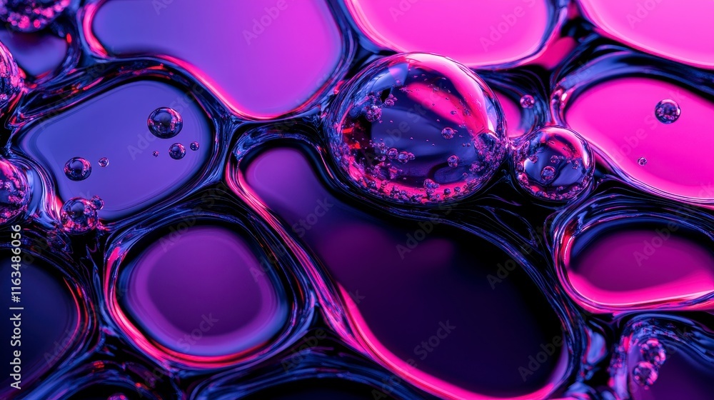 Poster abstract close-up of colorful bubbles and fluid shapes creating a mesmerizing blend of purple and pi