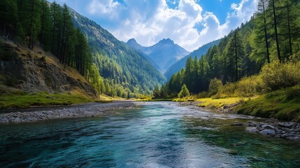 A river with a view of mountains in the background