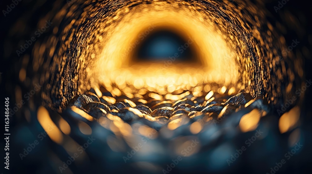 Poster Mystical nature concept. Close-up view of an intricate metallic tunnel illuminated by warm light.