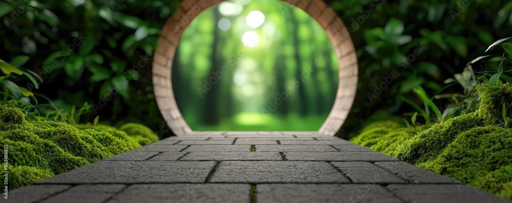 Poster mystical nature concept. a serene pathway leading through a lush green forest, framed by a circular 