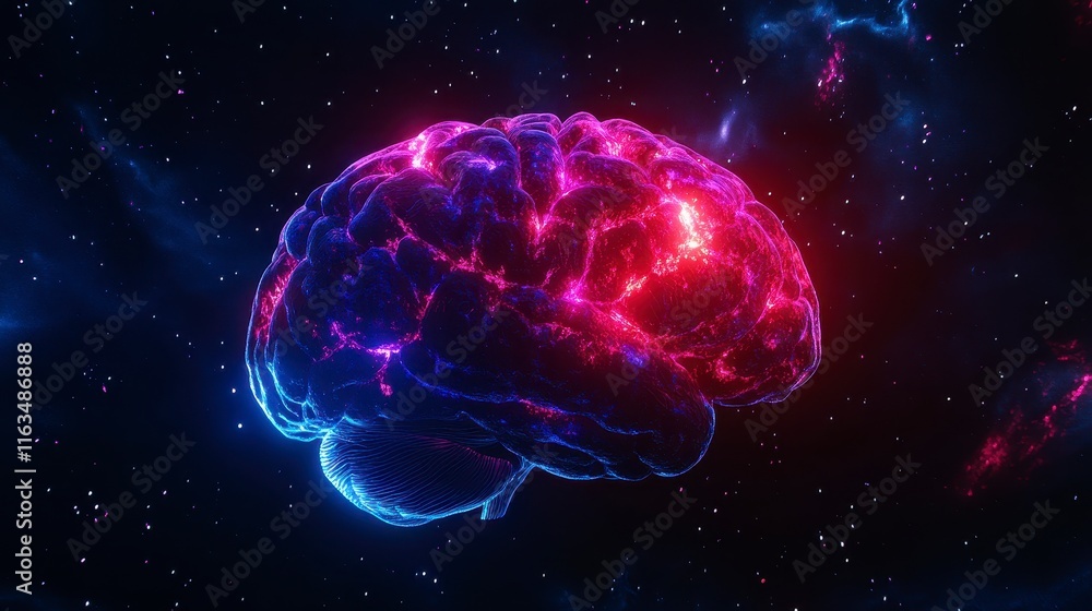 Poster a vibrant representation of a glowing brain set against a cosmic backdrop, illustrating the connecti