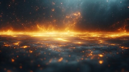 Naklejka premium Fiery Celestial Landscape Golden Embers Glow Across Dark Space