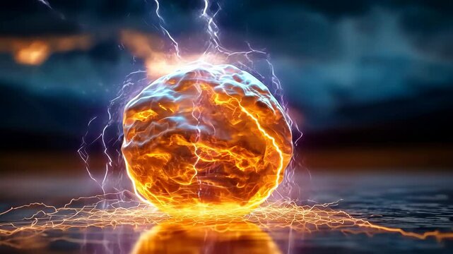 A mesmerizing display of swirling fire and ice plasma creates a stunning lightning bolt against an abstract electrical background, showcasing the beauty and power of nature's forces.