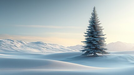 Obraz premium A digital artwork featuring a single pine tree in a snowy landscape, with muted tones of blue and white, perfect for seasonal themes and designs 
