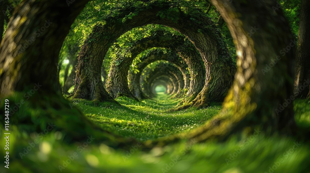 Aufkleber Mystical lush idea. A serene forest path lined with circular tree formations, creating an enchanting view.