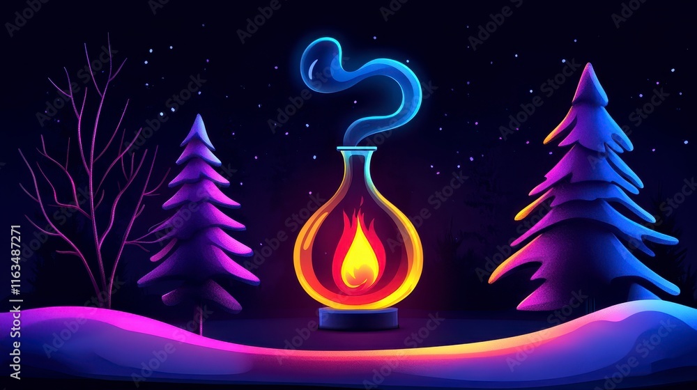 Poster a mesmerizing elixir of light and warmth, illuminating a winter landscape with colorful trees and a 