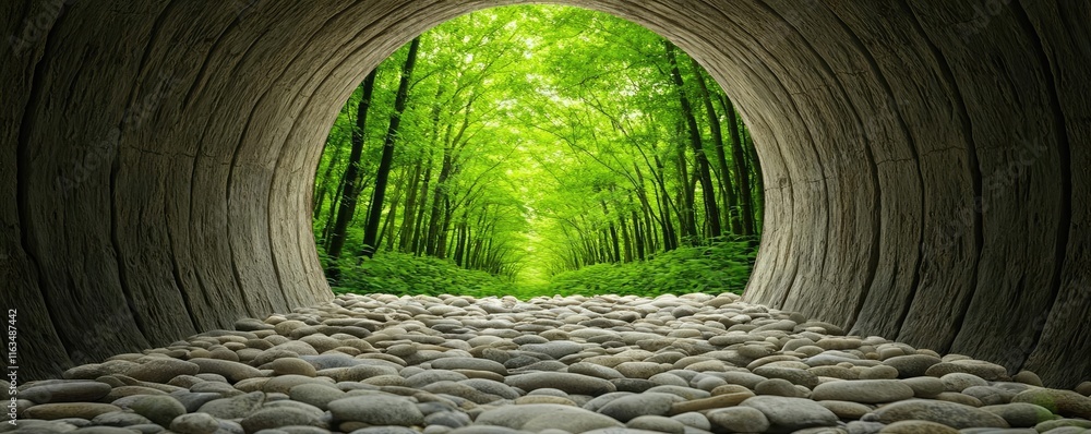 Poster mystical nature concept. a serene view of a lush green forest emerging from a circular stone tunnel.