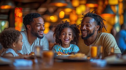A happy family of three enjoying a meal together at a restaurant.