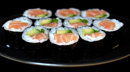 Delicious sushi rolls featuring fresh salmon and avocado on a black plate