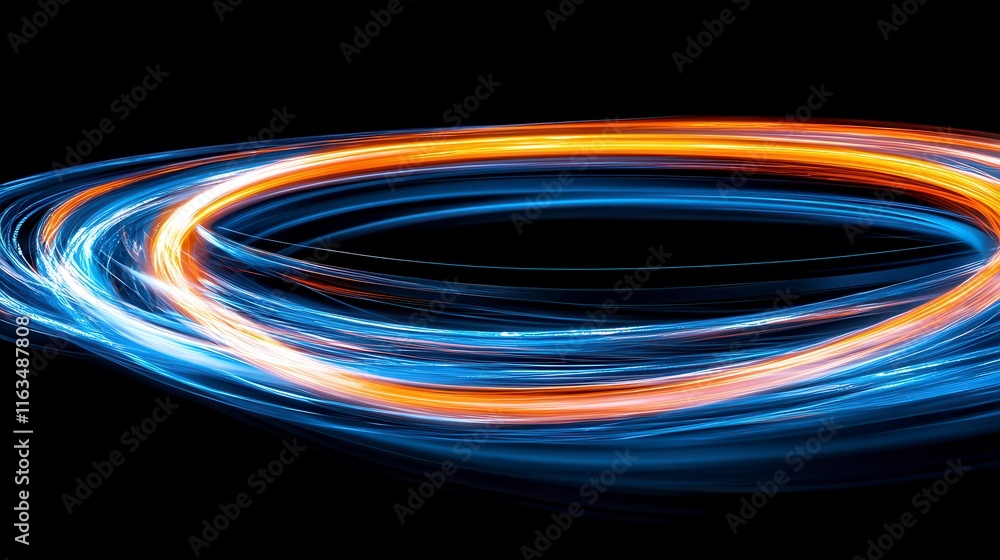 Poster dynamic swirl of vibrant blue and orange light trails creating a mesmerizing abstract pattern agains