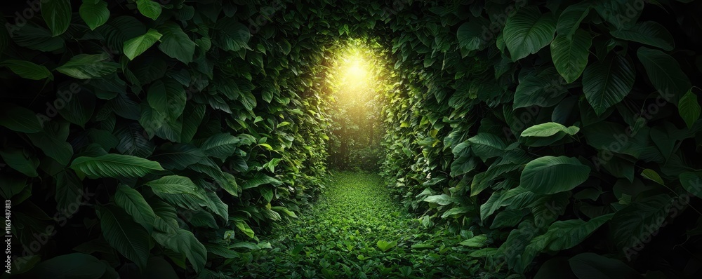 Aufkleber mystical nature concept. a serene path illuminated by soft light, surrounded by lush green foliage.