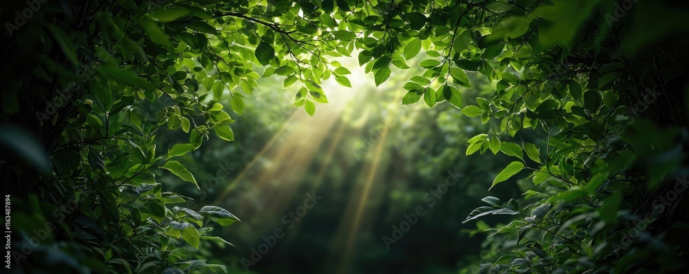 Poster mystical nature concept. sunlight filtering through lush green foliage in a serene forest environmen