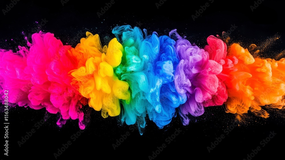 Poster vibrant explosion of colorful smoke swirls creating an ethereal and dynamic rainbow pattern against 
