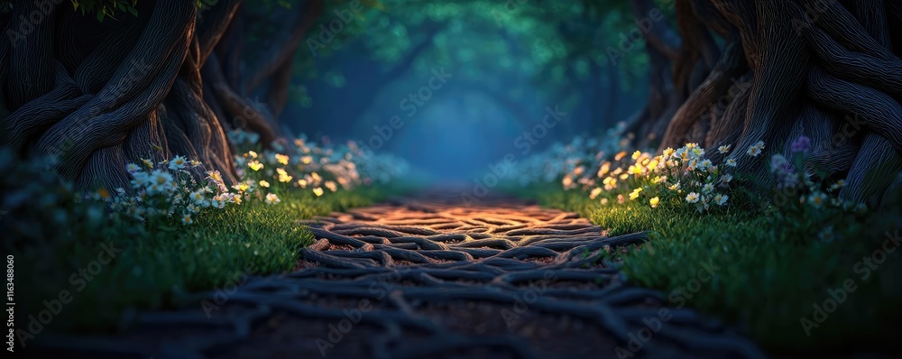 Poster mystical lush idea. a serene forest pathway surrounded by lush greenery and delicate flowers under s