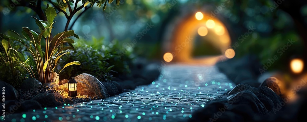 Poster mystical tropical concept. a serene garden pathway illuminated by soft lights and lush greenery at d