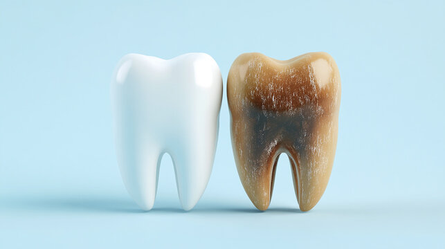 Comparison of healthy and decayed tooth models illustrating dental health differences in a clinical setting