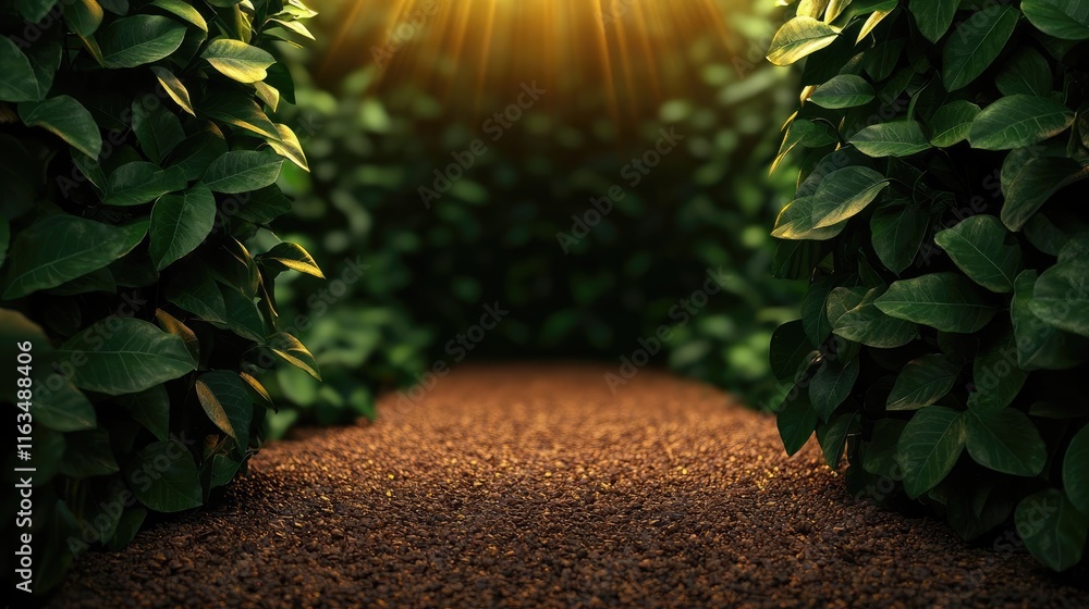 Poster mystical nature concept. a serene pathway surrounded by lush green foliage illuminated by soft sunli