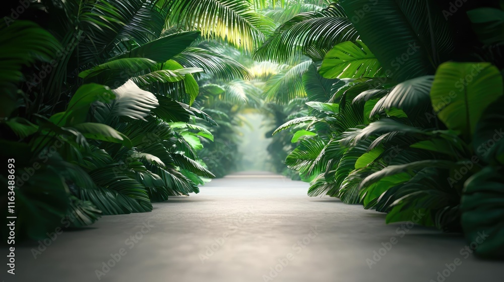 Aufkleber mystical tropical concept. a serene pathway surrounded by lush green foliage, creating a tranquil an