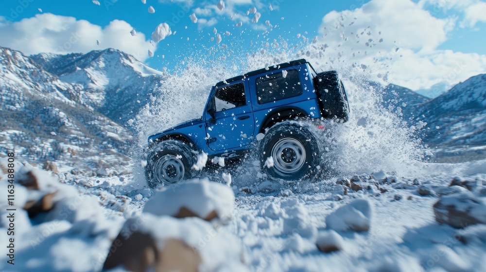 Poster a rugged blue off-road vehicle skillfully navigating through a snow-covered mountain terrain, creati