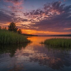 "A serene sunset casts warm golden and pink hues across the sky, reflecting perfectly in a tranquil lake below. The water is still, with only the soft ripples from a gentle breeze breaking its smooth 