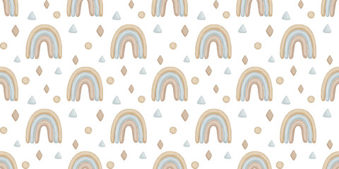Seamless watercolor pattern with boho rainbow. Repeat background for baby, kids