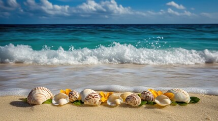 Obraz premium Beautiful Seashells and Ocean Waves on Serene Sandy Beach