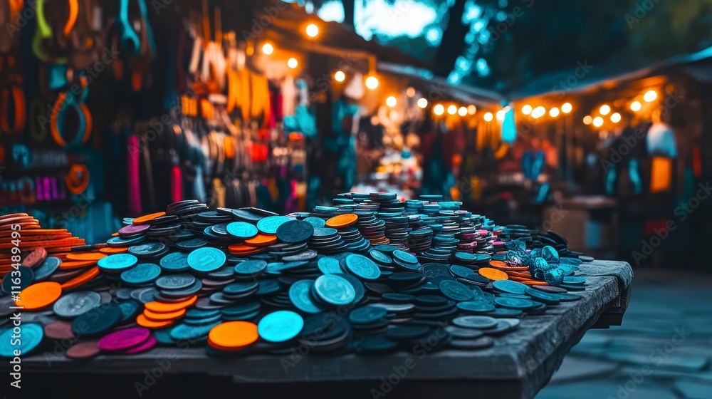Poster a vibrant marketplace scene showcasing an array of intricately stacked coins amidst a backdrop of me
