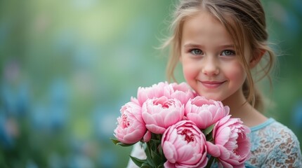 Fototapeta premium Smiling young girl holding a bouquet of pink flowers against a soft green blurred background with copy space