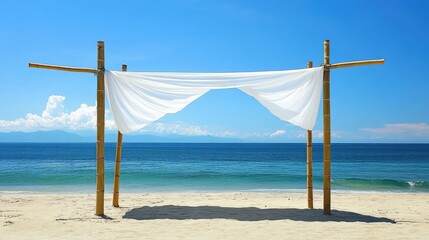 Serene Beach Setup with Draped Fabric and Calm Ocean View