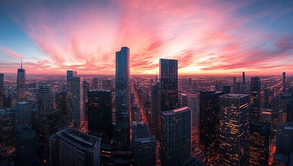 Cityscape at Sunset: Skyscrapers Gleam, Vibrant Colors Paint the Sky, Stunning Aerial View of Urban Skyline