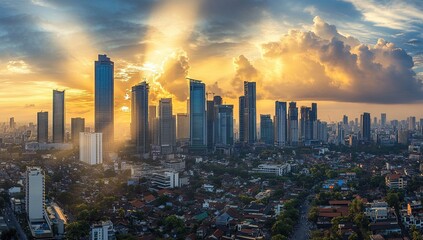 Obraz premium Cityscape at Sunset: Skyscrapers, Buildings, and Urban Skyline Golden Hour Rays, Stunning Aerial View