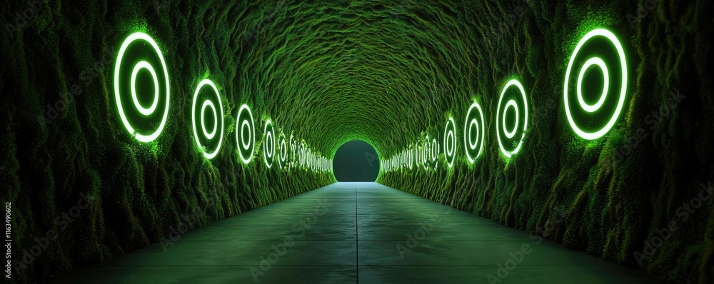 Poster mystical lush idea. futuristic tunnel illuminated with green neon lights and patterns on the walls.