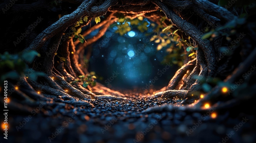 Poster mystical nature concept. a mystical forest path illuminated by glowing lights, inviting exploration 