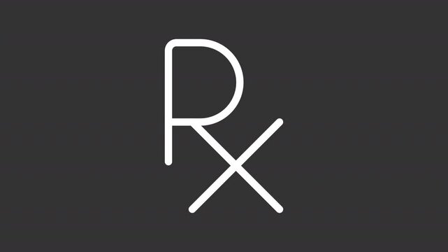 Prescription white line animation. Rx animated icon. Symbols showing up. Clinical service, treatment medicine. Isolated illustration on dark background. Transition alpha video. Motion graphic