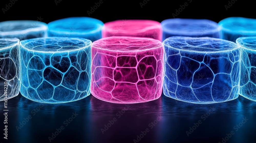 Poster colorful abstract representation of interconnected cellular structures glowing in vibrant hues
