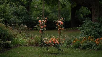 Floral Swing Surrounded by Lush Greenery in Tranquil Garden Setting
