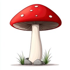 A whimsical, cartoon-style illustration of a vibrant red mushroom standing tall among green grass, pebbles, and white spots on its cap.