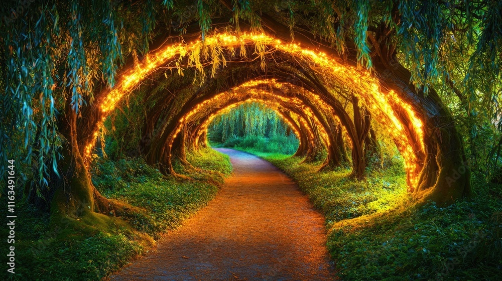 Poster Mystical lush idea. A magical pathway through a luminous tree tunnel, inviting adventure and tranquility.