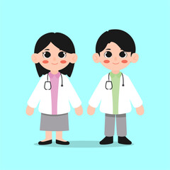 Vector illustration of a boy and a girl, wearing a doctor's uniform and a stethoscope.