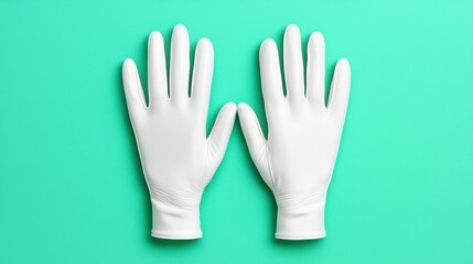 Pair of Disposable Latex Gloves on a Mint Green Background