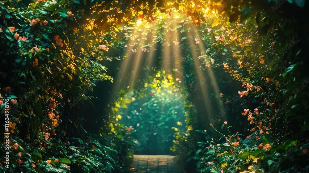 Poster mystical lush idea. a tranquil forest pathway illuminated by gentle sunlight filtering through the l