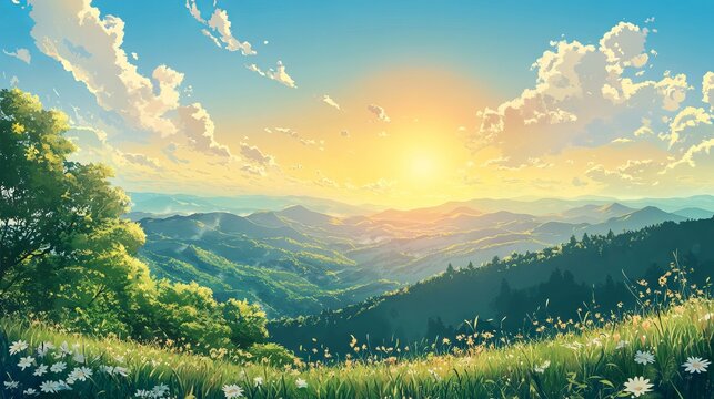 Fototapeta Beautiful summer seasonal anime landscape with rolling hills, majestic mountains, clear blue sky, and fluffy clouds in vibrant cartoon style