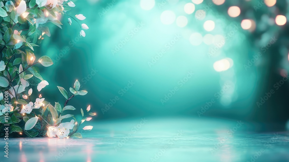 Poster mystical nature concept. serene background with lush green leaves and soft glowing lights for a tran