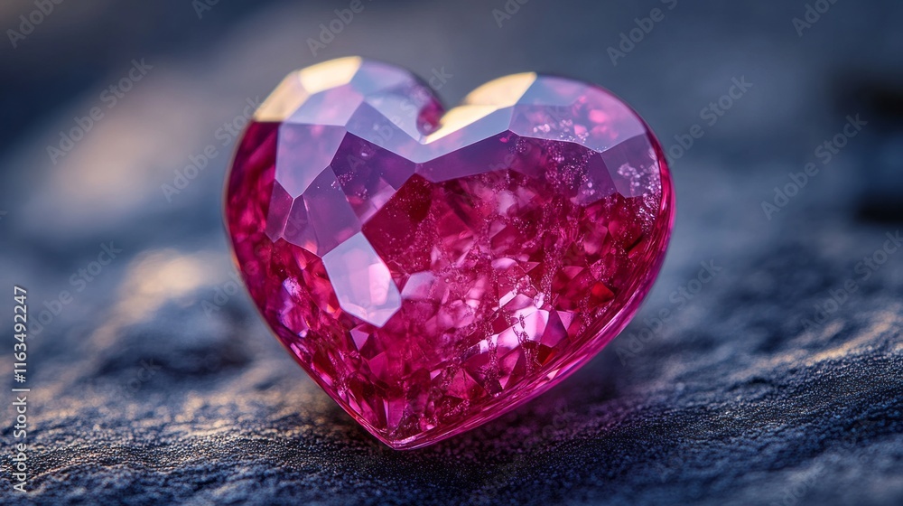 Poster heart-shaped crystal with intricate facets glimmers on a textured surface in soft lighting
