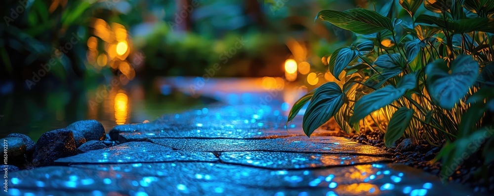 Aufkleber mystical nature concept. a serene garden pathway illuminated by soft lights and surrounded by lush g