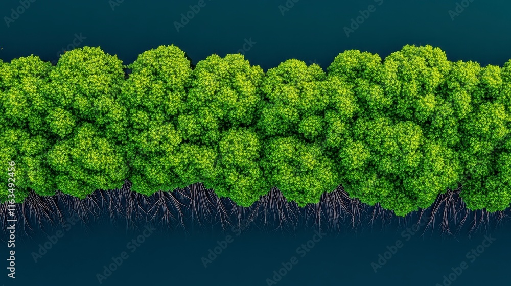 Poster aerial view of vibrant green mangrove trees with intricate root systems extending into the calm blue