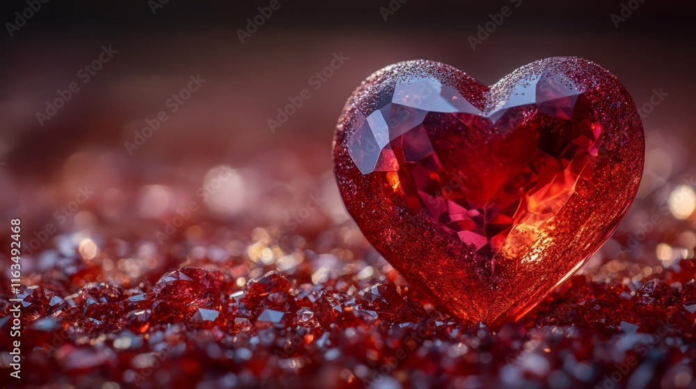 Poster beautiful red heart-shaped gemstone resting on sparkling crushed gems in a soft light setting