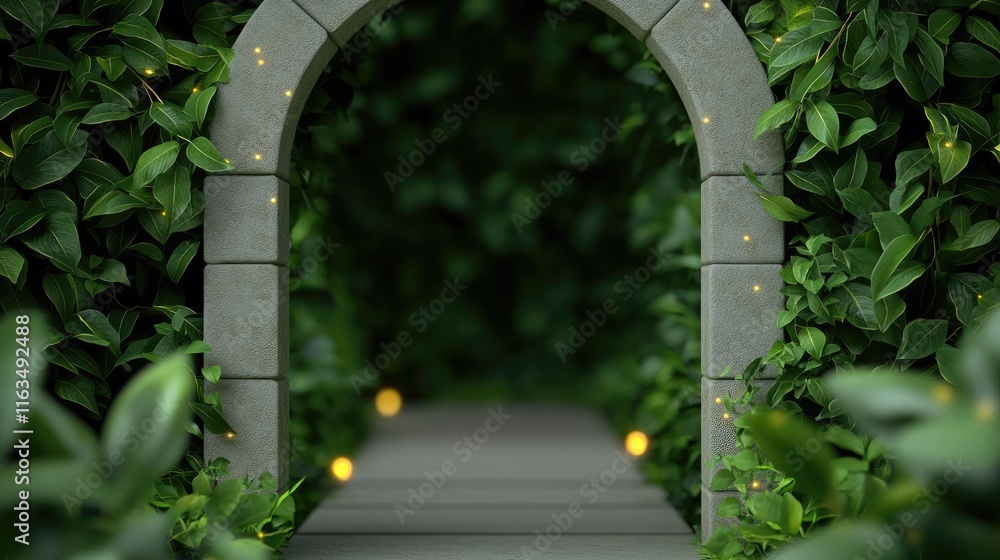 Aufkleber mystical lush idea. a serene garden archway surrounded by lush greenery and soft glowing lights.