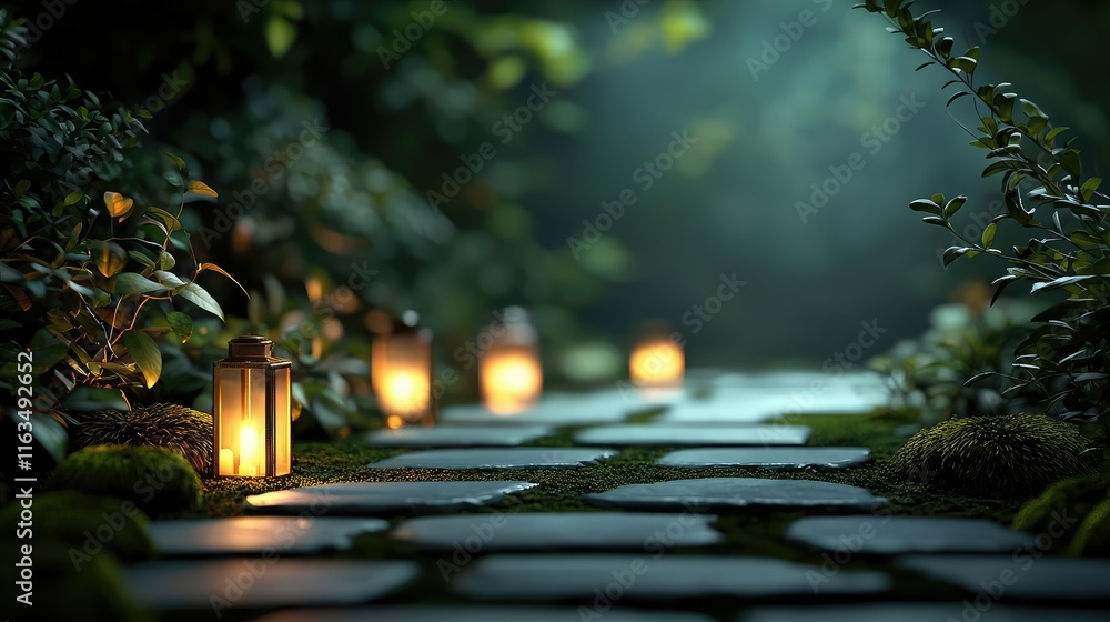 Poster mystical nature concept. a serene garden path illuminated by glowing lanterns and surrounded by lush