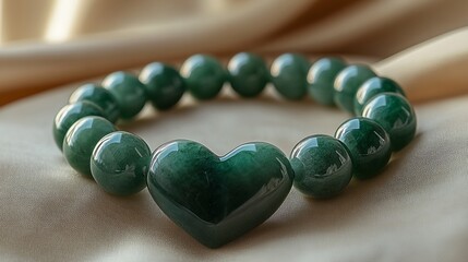 Elegant jade bracelet with heart-shaped bead resting on soft silk fabric under natural light